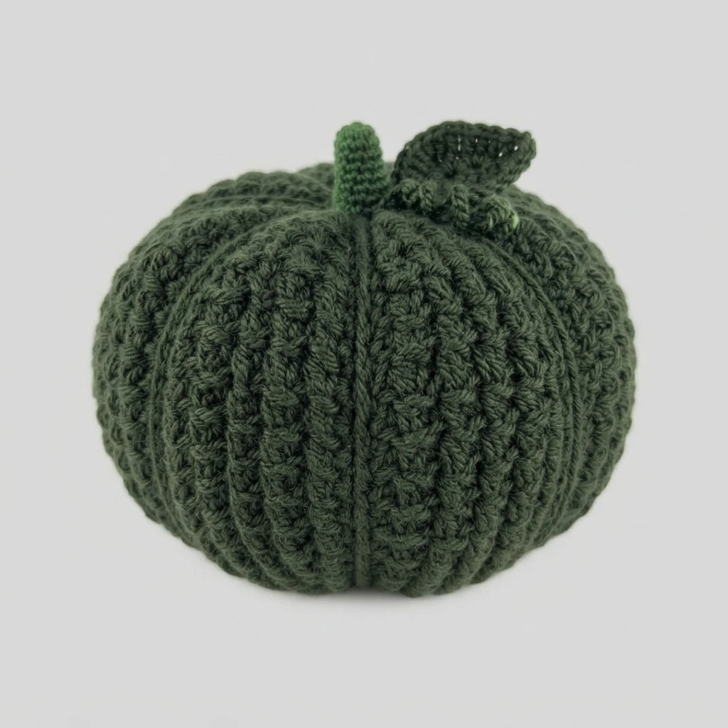 A dark green crocheted pumpkin with prominent vertical ribs, a short stem and a leaf, photographed against a plain light background.