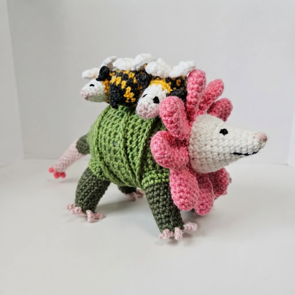 Crocheted green opossum plush with a white face, pink crocheted flower petals around its neck, and two small yellow and black striped baby bees with white wings resting on its back.
