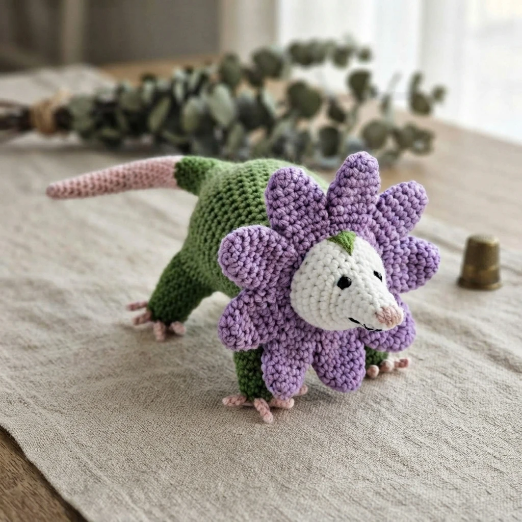 Crocheted opossum with a white face, green body and pink-tipped tail, surrounded by purple crocheted petals, standing on a linen cloth with a blurred brass thimble and plant in the background.
