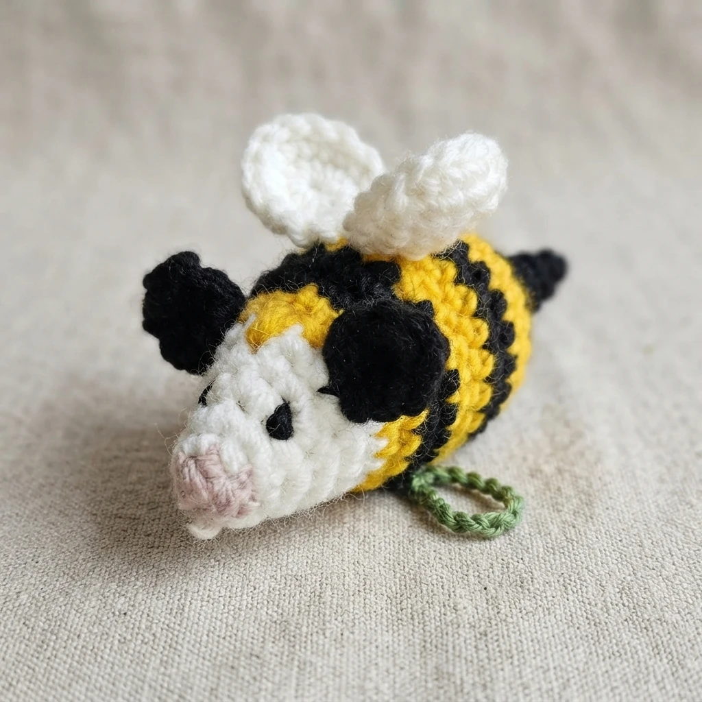 Small crocheted bee with a white face, pale pink nose, black ears, black and yellow striped body, white wings and a green hanging loop, resting on beige fabric.