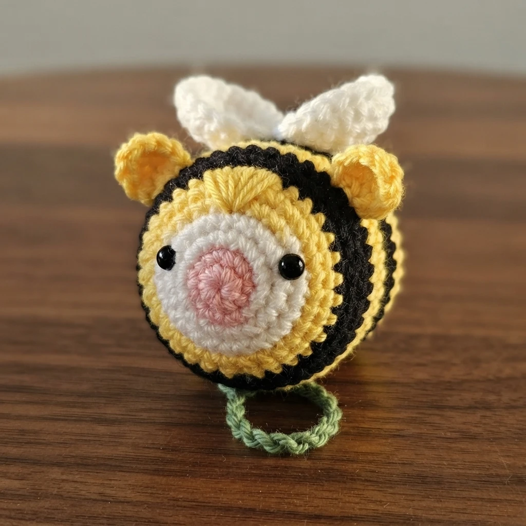 Crocheted baby bee amigurumi with yellow and black striped body, white face with pink nose, black bead eyes, yellow ears, white wings and a small green crocheted loop underneath, photographed on a wooden surface.