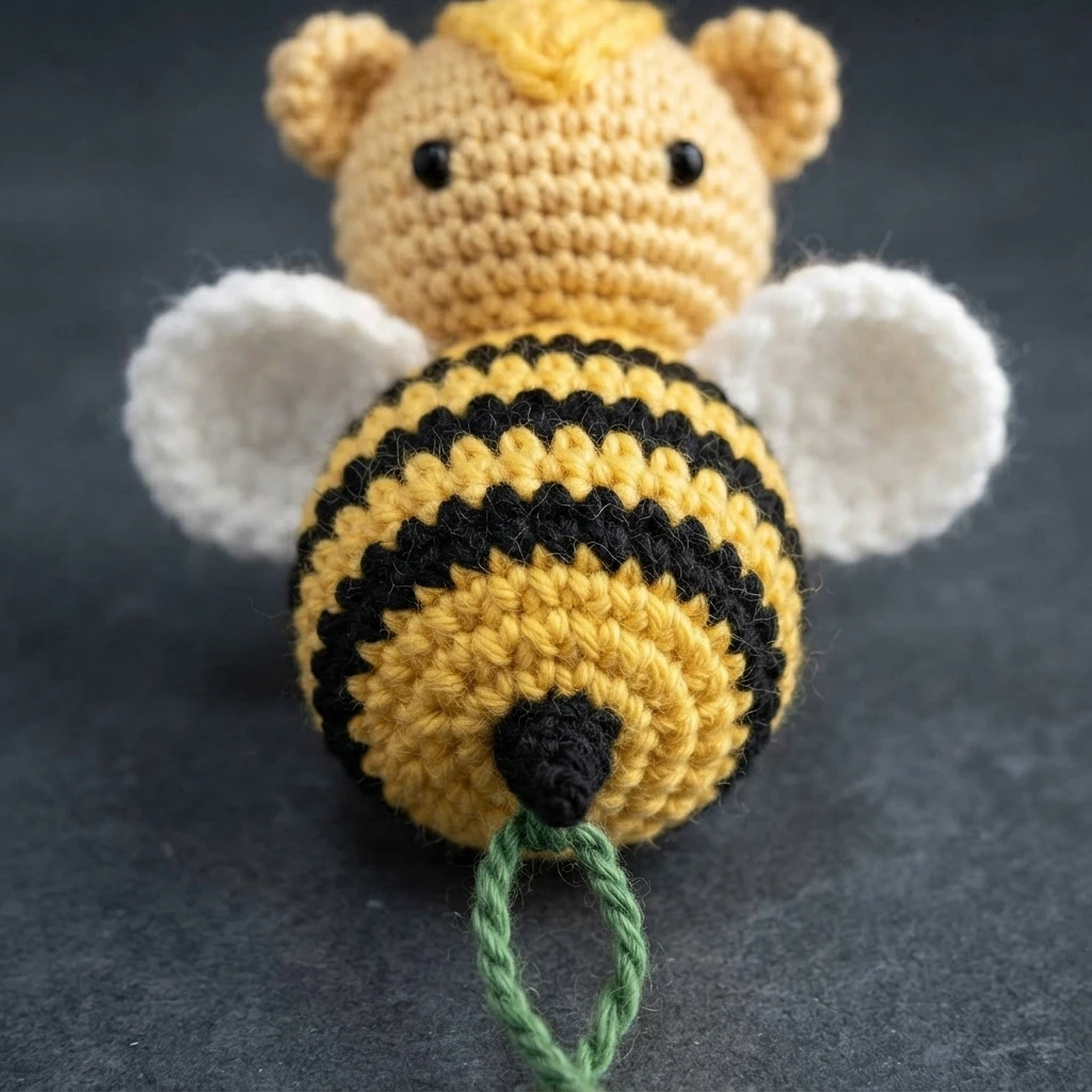 Crocheted baby bee with a golden yellow head, small ears, black bead eyes and a yellow tuft, round white wings on each side, a yellow and black striped round body, a black stinger and a green yarn loop at the bottom, photographed on a dark