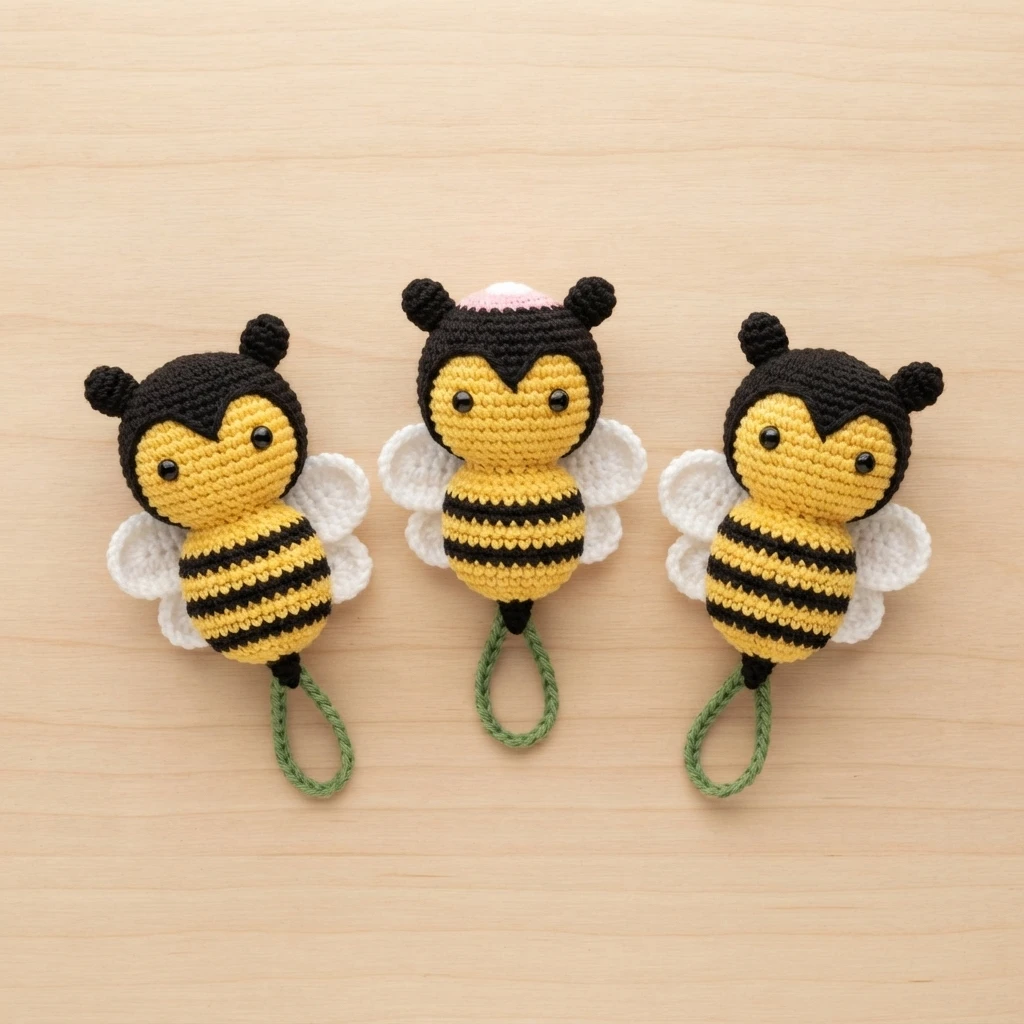 Three finished crocheted baby bees with yellow and black striped bodies, white wings, black heads with yellow faces and small green hanging loops, lined up on a light wooden surface.