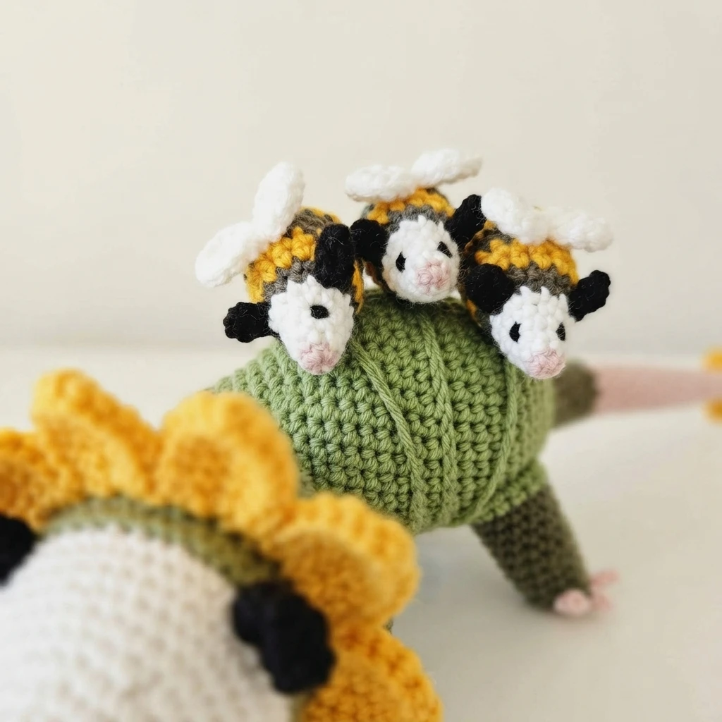 Close-up of a crocheted opossum with a white face and green body, wearing yellow crocheted flower petals around its neck, with three small black and yellow baby bees with white wings resting on its back, shown in front of a blurred second f