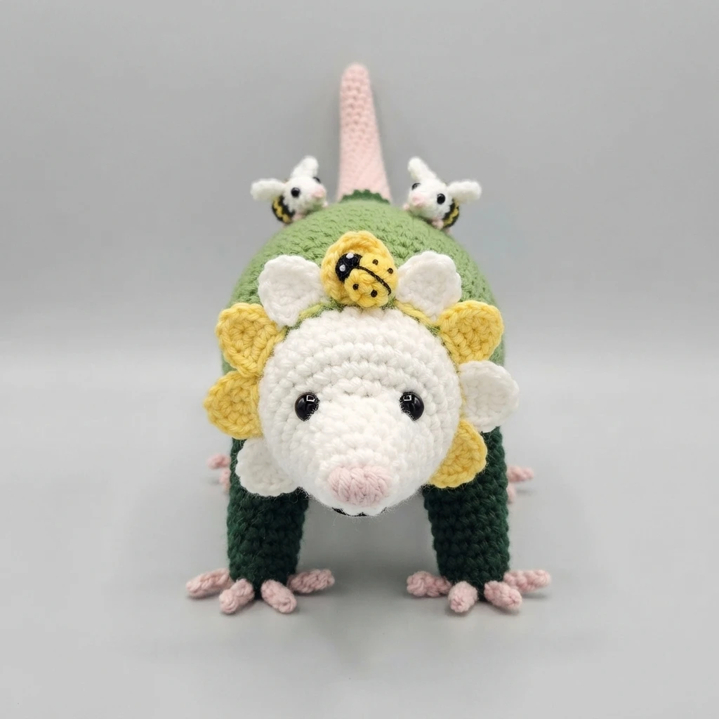 Crocheted opossum with a green body and white face seen from the front, with yellow petal shapes around its neck and three small bee figures resting on its back.