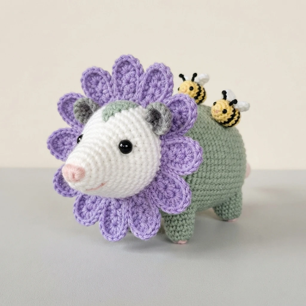 Crocheted opossum amigurumi with a white face, green body and purple crocheted flower petals arranged around its neck, with two small yellow and black crocheted bees resting on its back, photographed on a plain light surface.