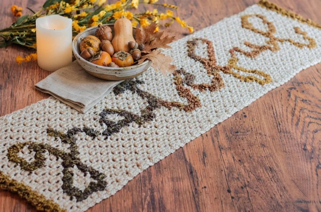 A cream crocheted table runner with multicolored lettering and autumn motifs lies on a wooden table beside a candle, flowers, and a bowl of seasonal decorations.