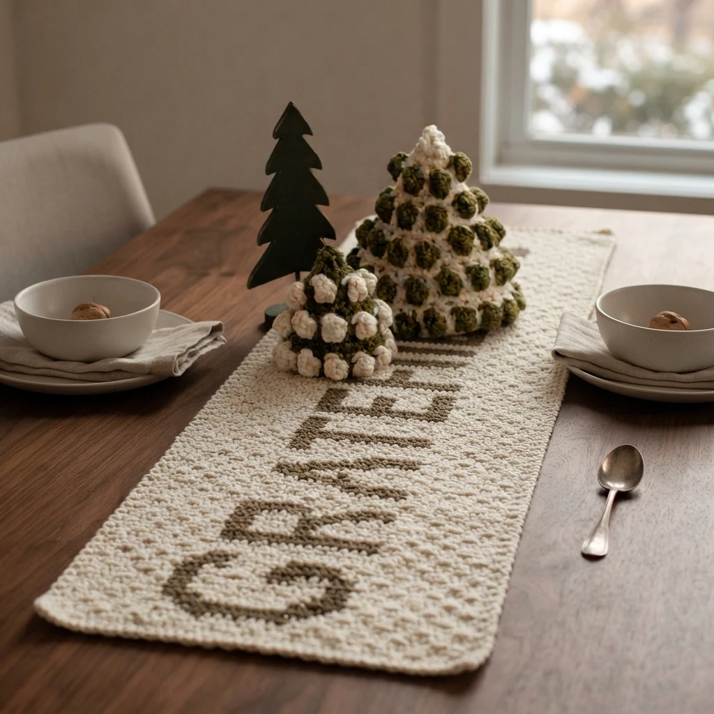 Chemin de table au crochet crème avec le mot « GRATEFUL » en lettres vert olive, posé sur une table avec des sapins décoratifs et de la vaisselle.