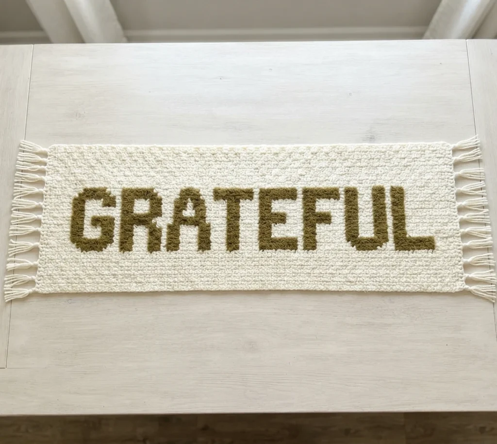 Chemin de table au crochet crème avec le mot « Grateful » en lettres brun olive et des franges aux deux extrémités, posé sur une table claire.