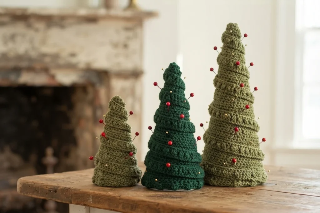 Three crocheted Christmas tree cones in olive and dark green yarn, decorated with red round-headed pins and small gold beads, standing on a wooden table with a fireplace in the background.