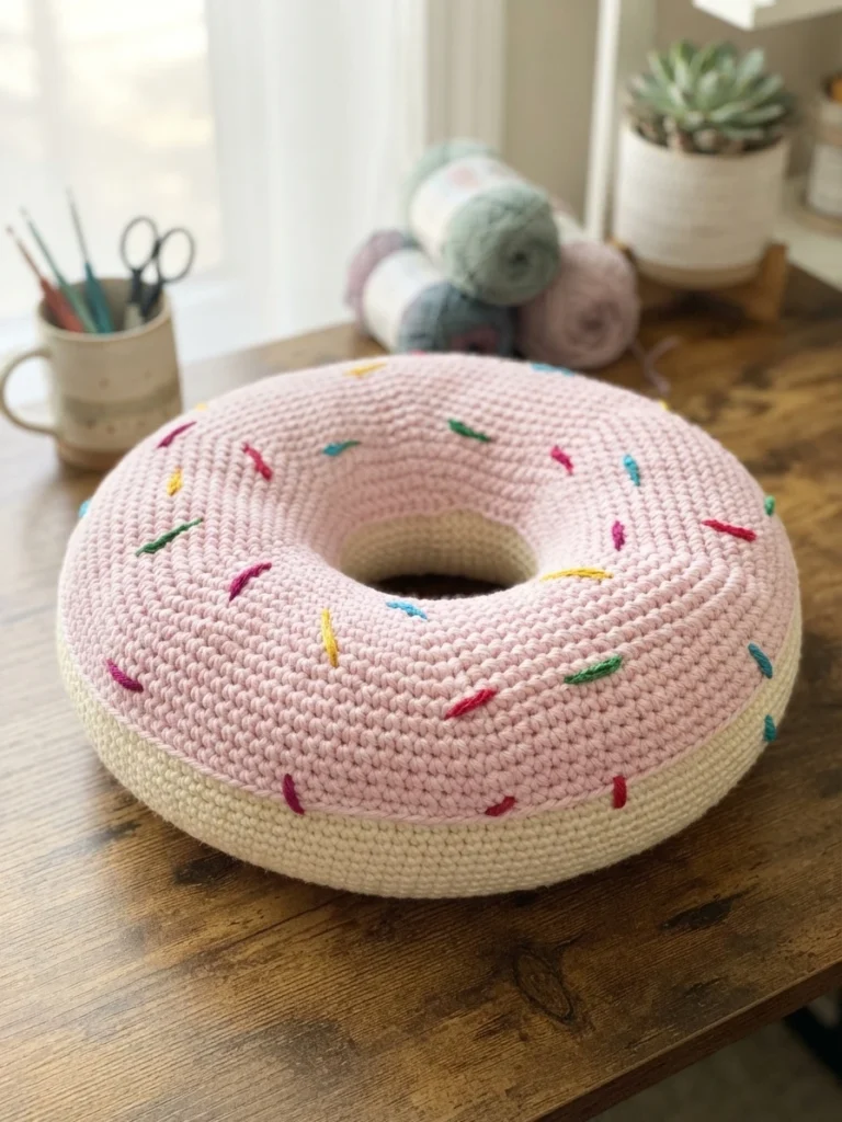 Crocheted donut cushion with pink frosting and colorful sprinkles resting on a wooden table