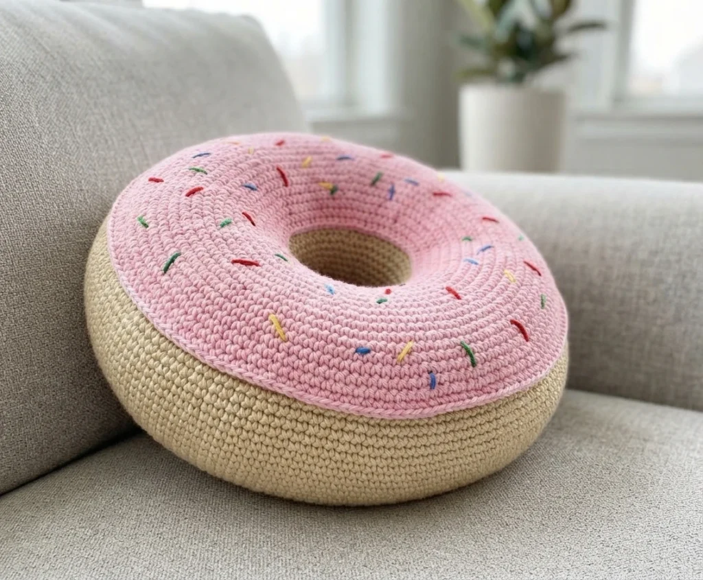 Crocheted donut cushion with a pink icing-like top and small colorful sprinkles resting on a light gray sofa.