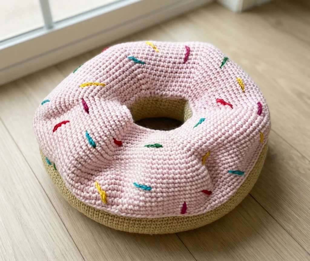 A finished crochet donut cushion with pink frosting, colorful sprinkles and a beige dough base, resting on a light wooden floor.