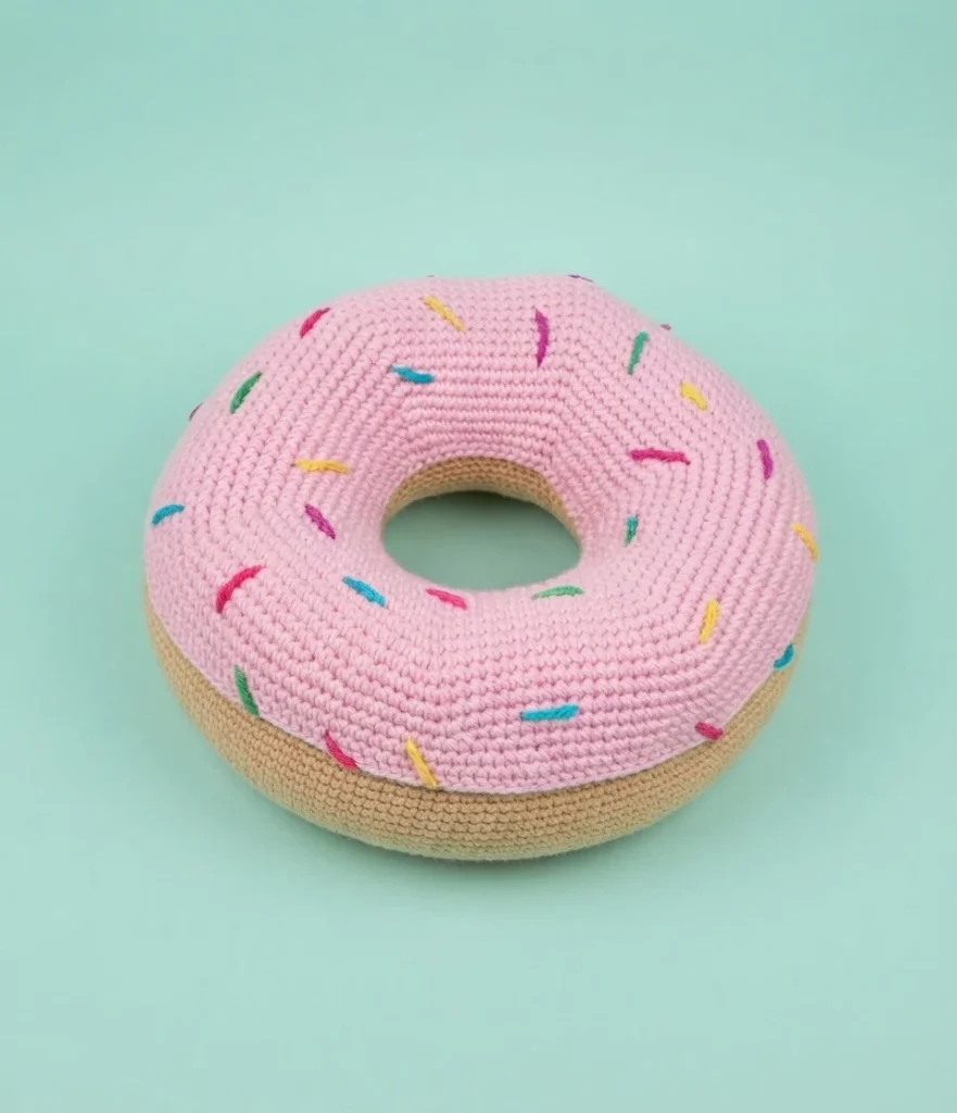 Crocheted donut cushion with pink frosting, colorful sprinkles and a beige base on a mint background.