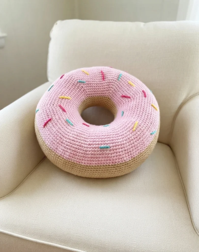 A finished pink crocheted donut cushion with colorful embroidered sprinkles and a beige base, resting on a light beige armchair.