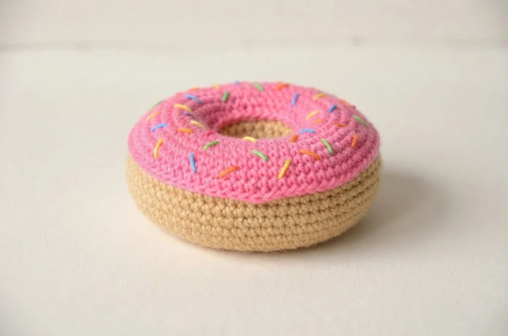 Crocheted donut with beige base, pink frosting and multicolor embroidered sprinkles on a white background