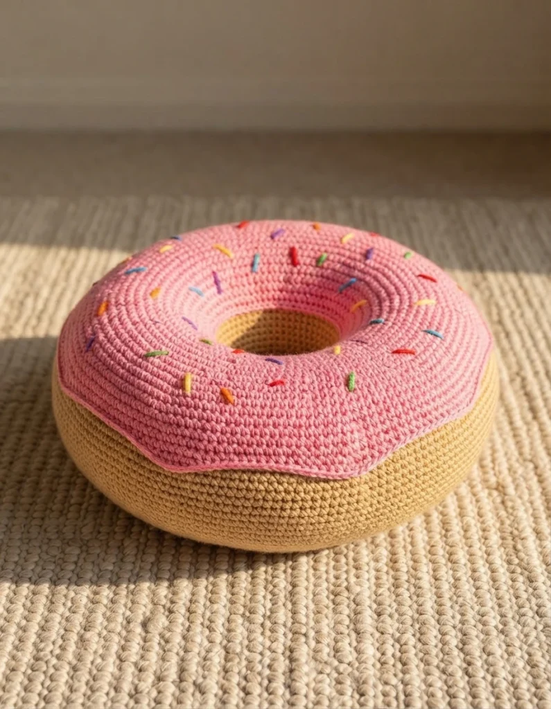 Crocheted donut cushion with pink frosting and small colorful sprinkles resting on a woven rug.