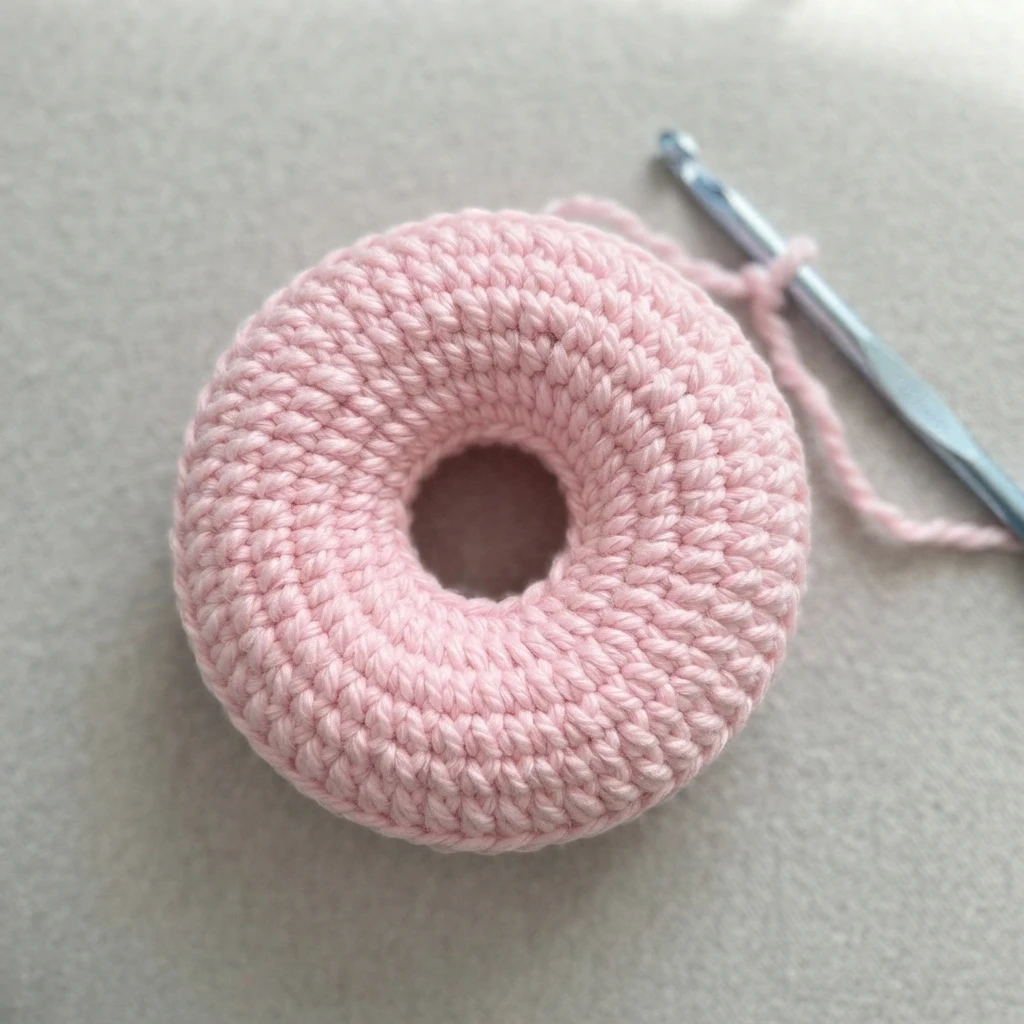Pink crocheted donut ring in progress with a crochet hook and yarn on a light surface