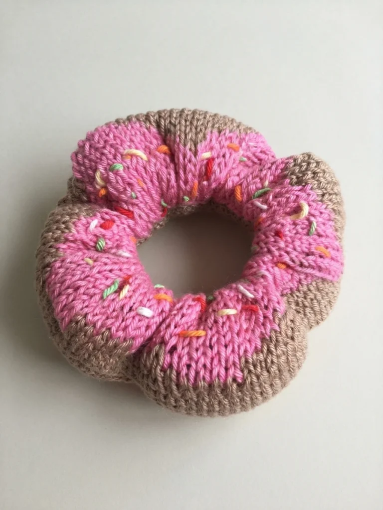 Pink and brown crocheted donut scrunchie with colorful sprinkles on a plain light background.