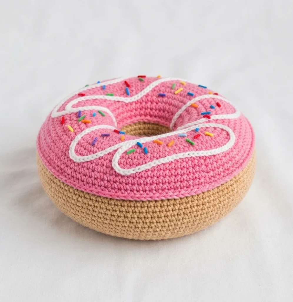 Crocheted donut cushion with pink frosting, white drizzle and colorful sprinkles on a tan base, on white fabric.