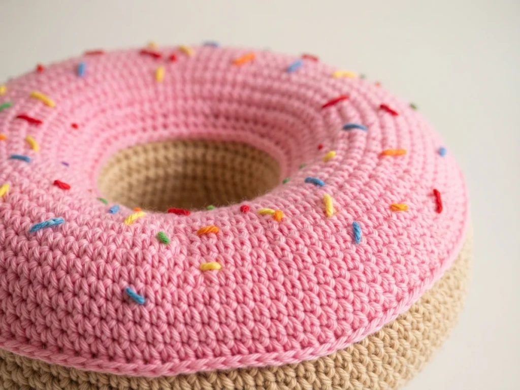 Pink crocheted donut cushion with small colorful sprinkles and a beige base