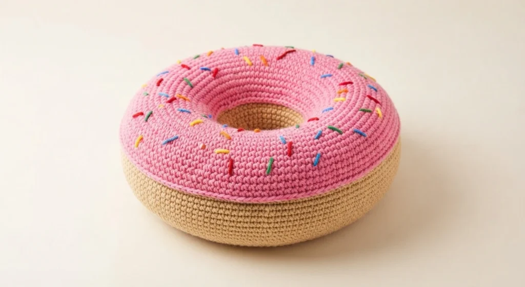 Crocheted donut cushion with pink frosting, small colorful sprinkles and a beige base on a plain light background