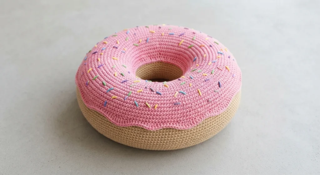 Crocheted donut cushion with pink frosting and small colorful sprinkles, with a beige base, resting on a light surface