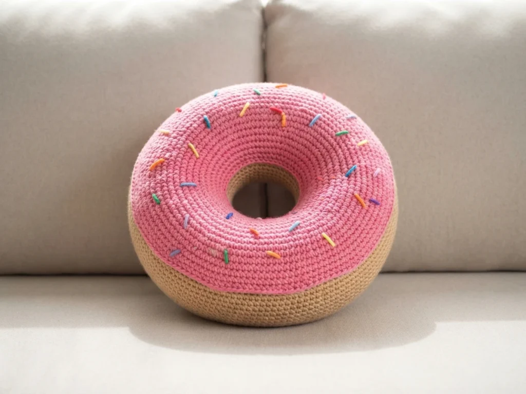 A finished crochet donut cushion with pink frosting and colorful sprinkles resting on a beige sofa.