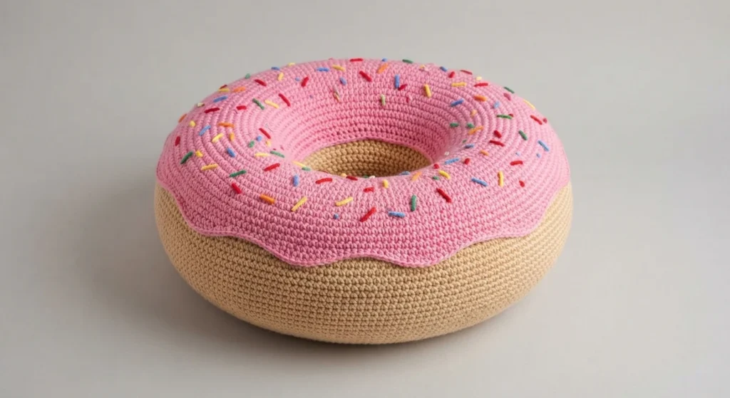 Crochet donut cushion with pink frosting and colorful sprinkles on a light background