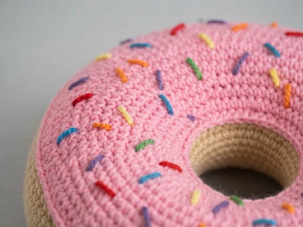 Crocheted donut cushion with pink frosting, colorful embroidered sprinkles and a tan underside visible at the center hole