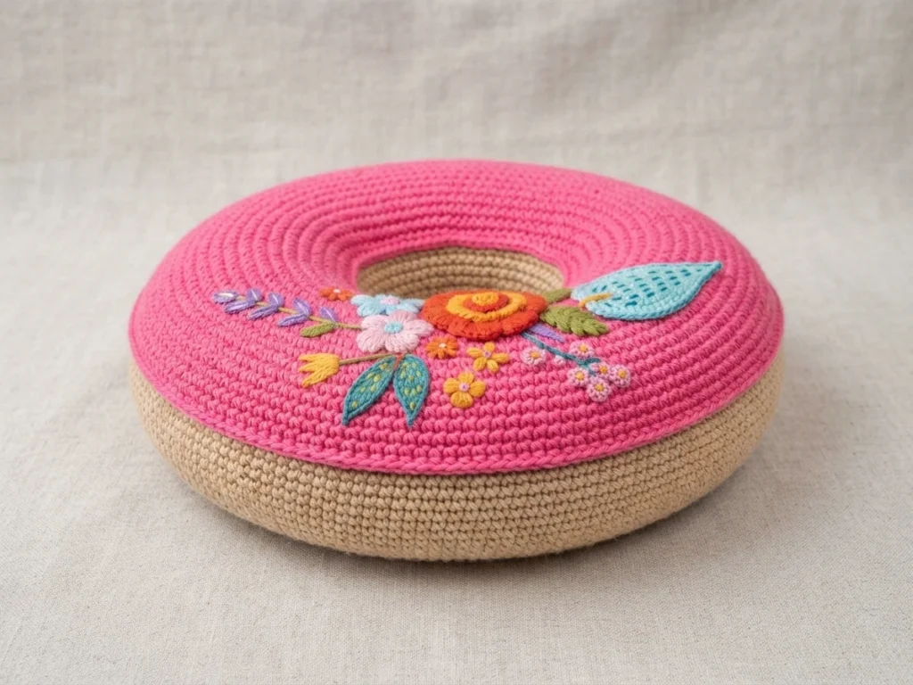 Pink crochet donut cushion with floral embroidery lying on beige fabric