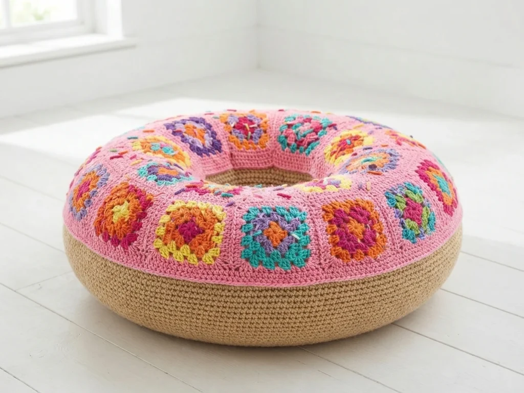 Round crochet donut cushion with pink top decorated with colorful granny squares and a tan crocheted base, placed on a white wooden floor
