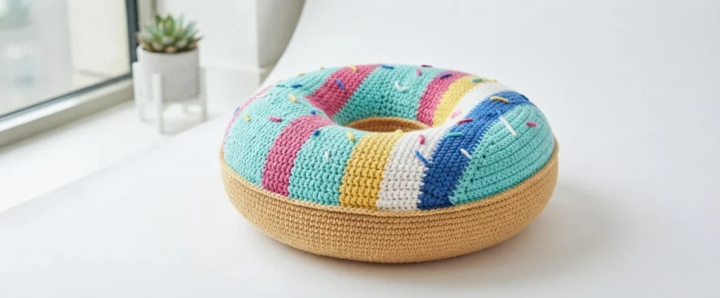 Crocheted donut cushion with striped multicolor frosting and small sprinkles resting on a white surface near a window.