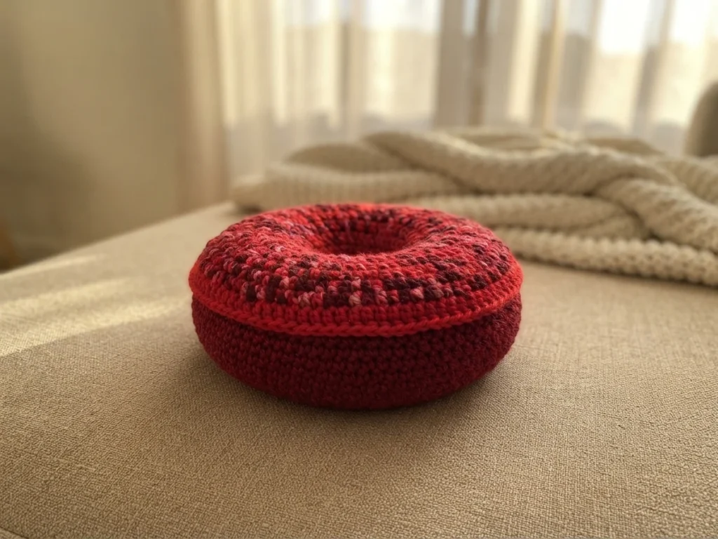 Deep red crocheted donut cushion on a beige sofa with a cream knitted blanket behind it.