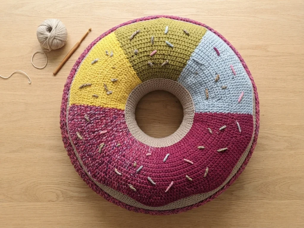 Overhead view of a colorful crocheted donut cushion with sprinkles, a ball of beige yarn and a wooden crochet hook on a light wooden table.