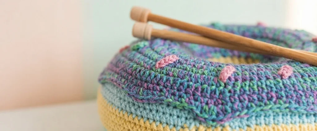 Crocheted donut cushion with blue, green and purple frosting, pink sprinkles, and yellow and light blue base layers, with two wooden knitting needles resting on top