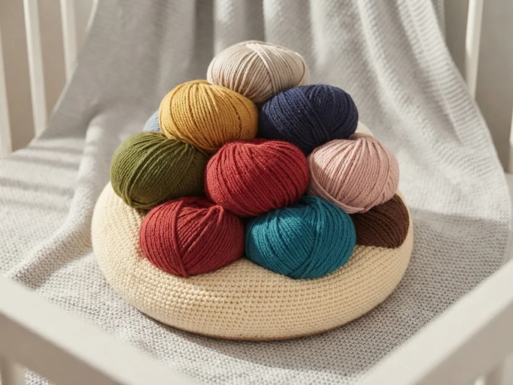 Cream crochet donut cushion filled with colorful balls of yarn on a white chair.