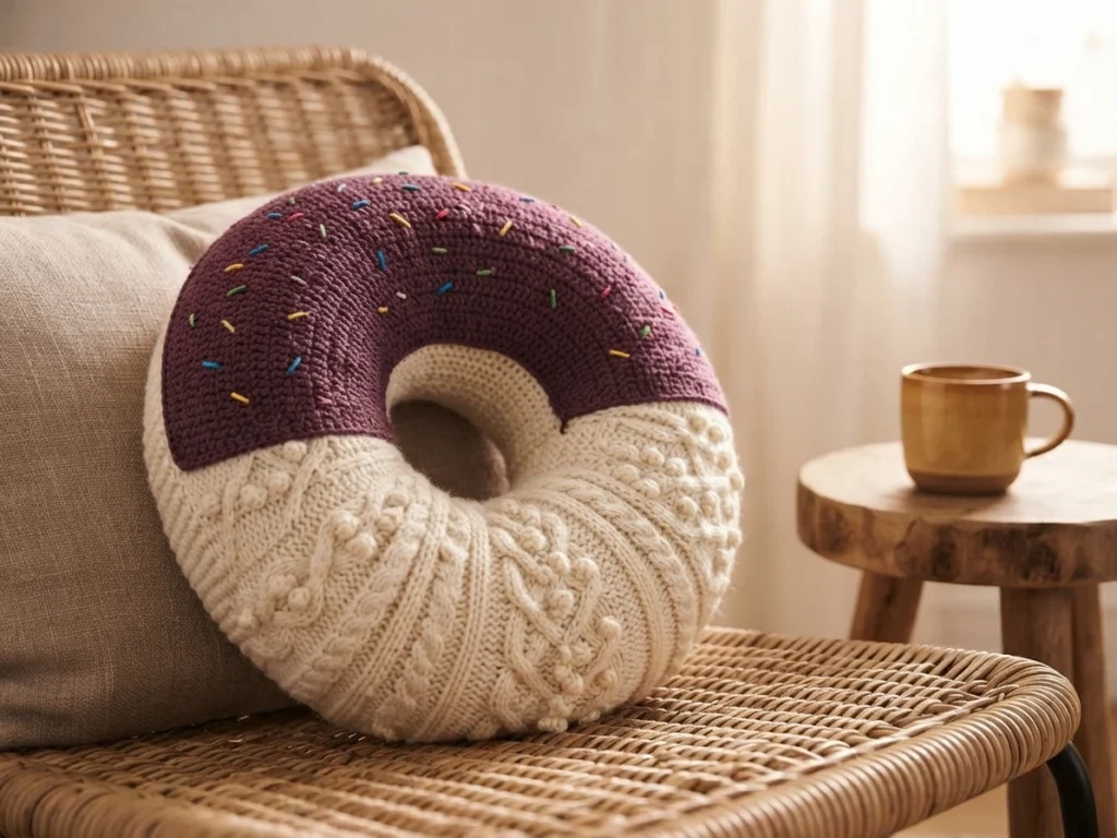 Crochet donut cushion with dark purple frosting and small colorful sprinkles resting on a wicker chair next to a wooden stool with a mug.