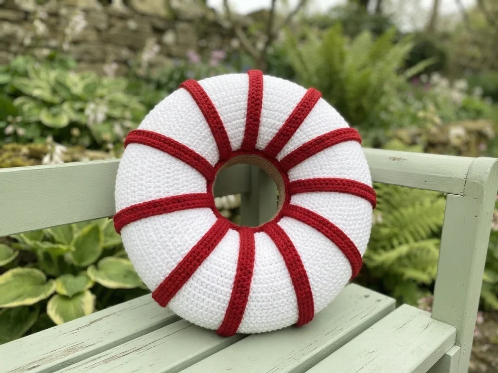 Crocheted round white cushion with radial red stripes resting on a wooden garden bench