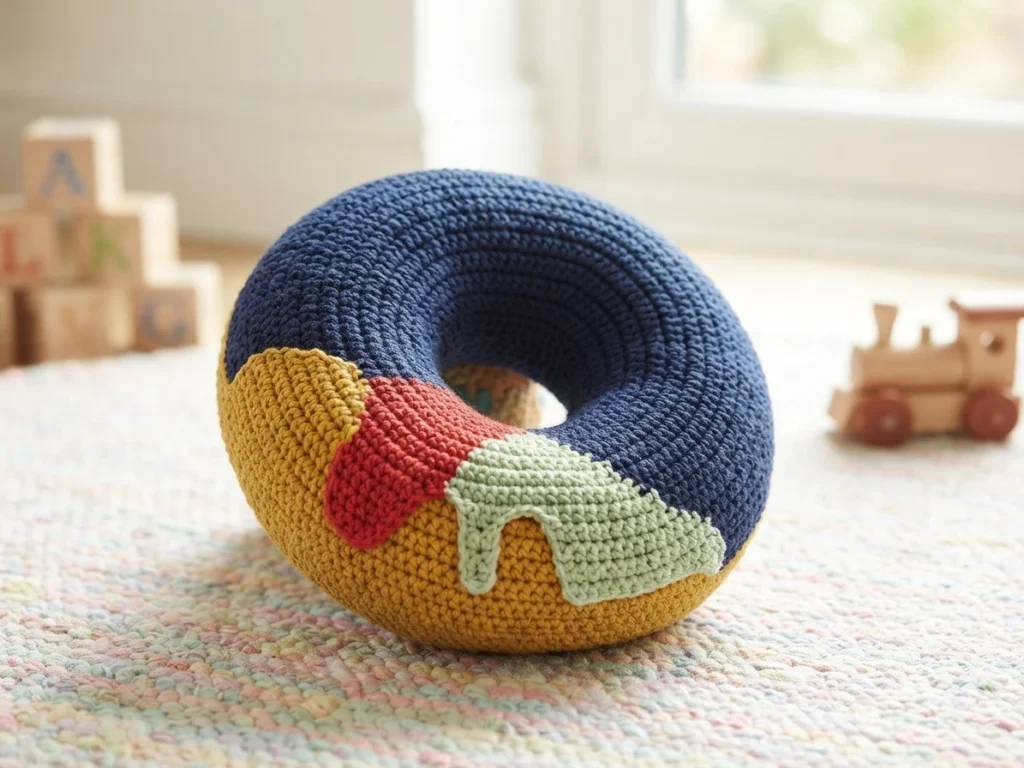 Crocheted donut-shaped cushion in navy blue, mustard yellow, red and mint green resting on a rug, with wooden blocks and a wooden toy train in the background.