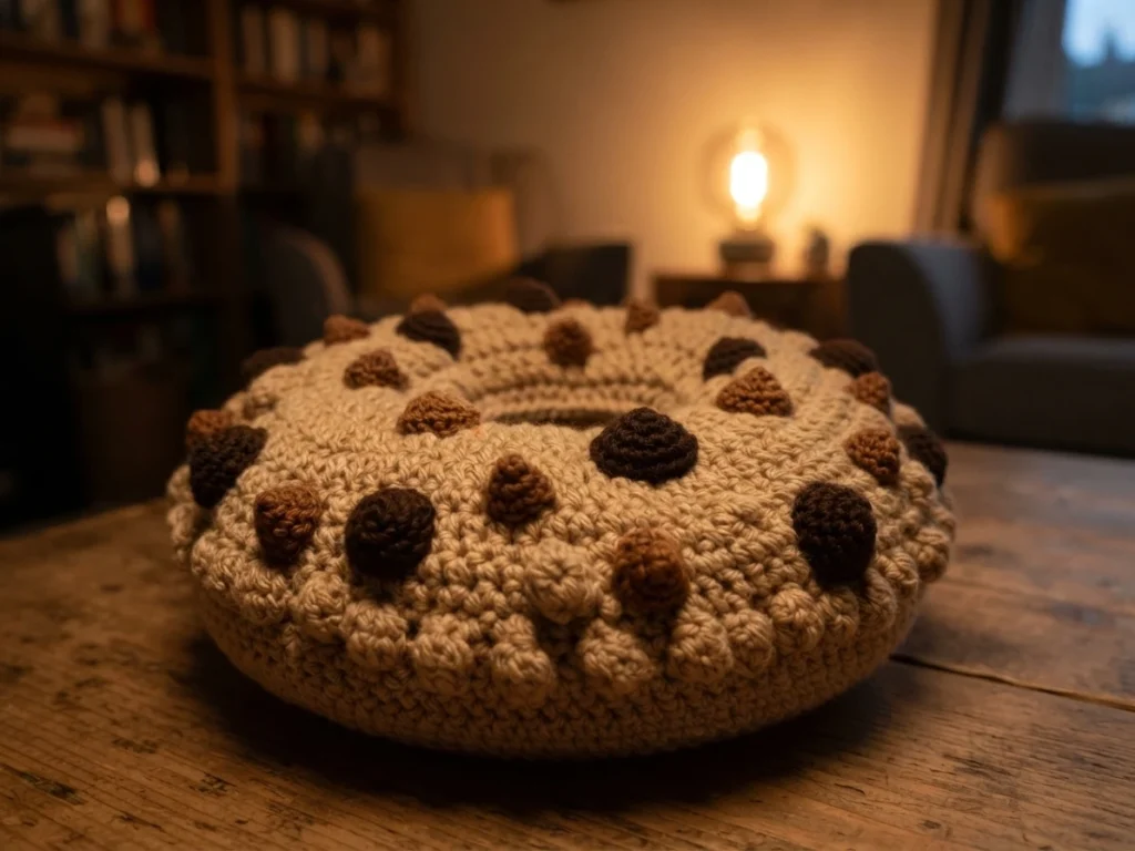 Finished crocheted donut cushion in beige yarn with dark brown bobbles, resting on a wooden table in a warm living room.