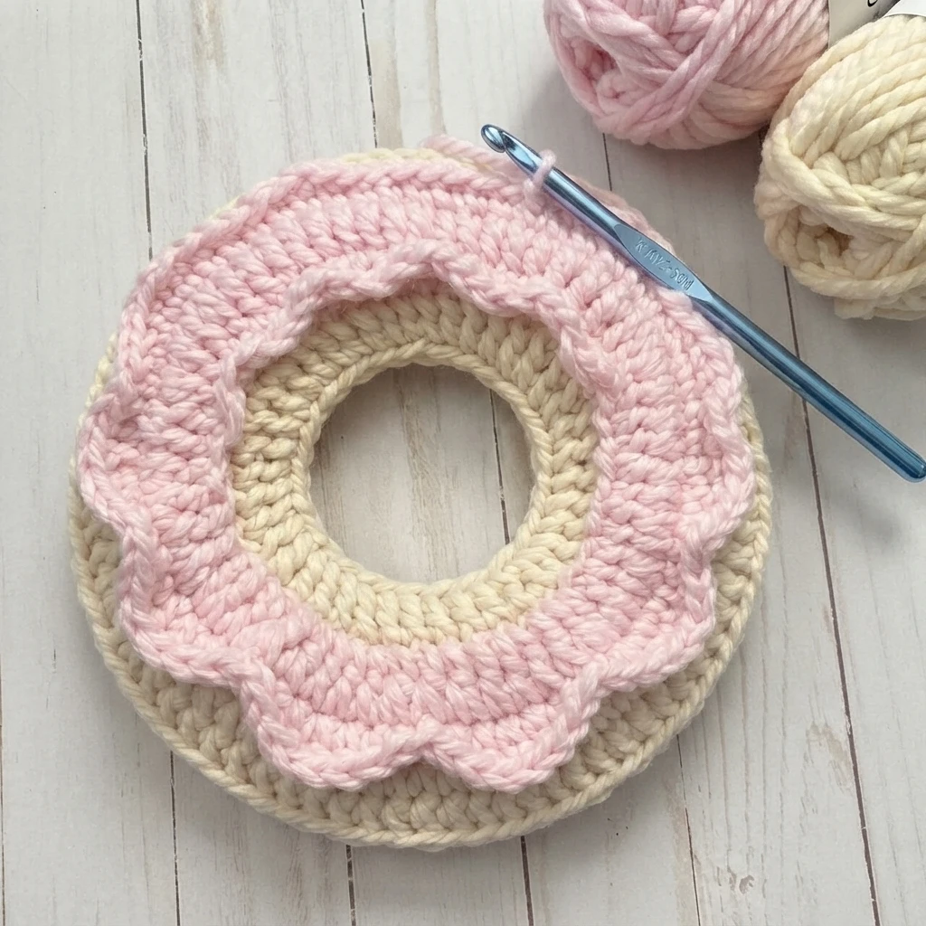 Unfinished crochet donut ring with pink scalloped frosting over a cream base, with a blue crochet hook and pink and cream yarn balls on a white wooden surface