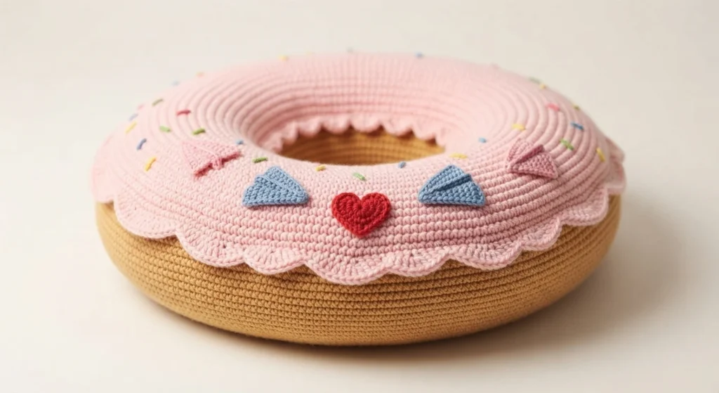 Crocheted donut cushion with pink frosting, a scalloped edge, colorful sprinkles, a small red heart and triangular bunting appliques, on a golden beige base, against a plain light background.