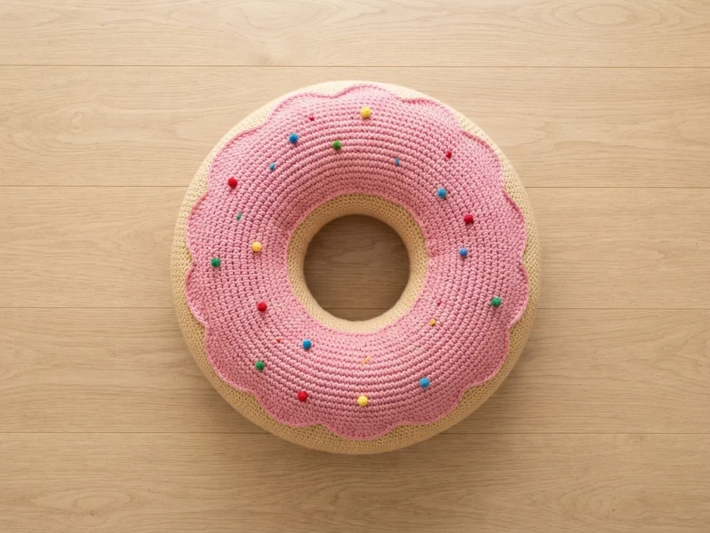 A finished crochet donut cushion with pink frosting and colorful round sprinkles, photographed from above on a light wooden floor.