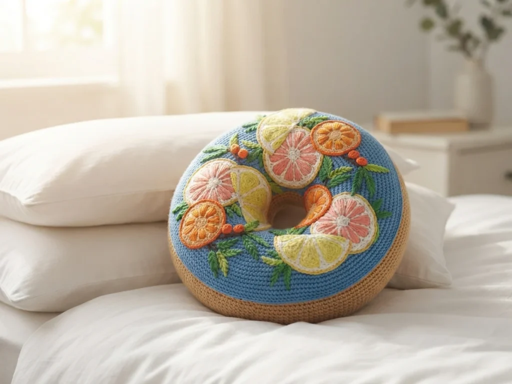 A crocheted donut cushion with blue frosting decorated with embroidered citrus fruit slices, resting on a white bed.