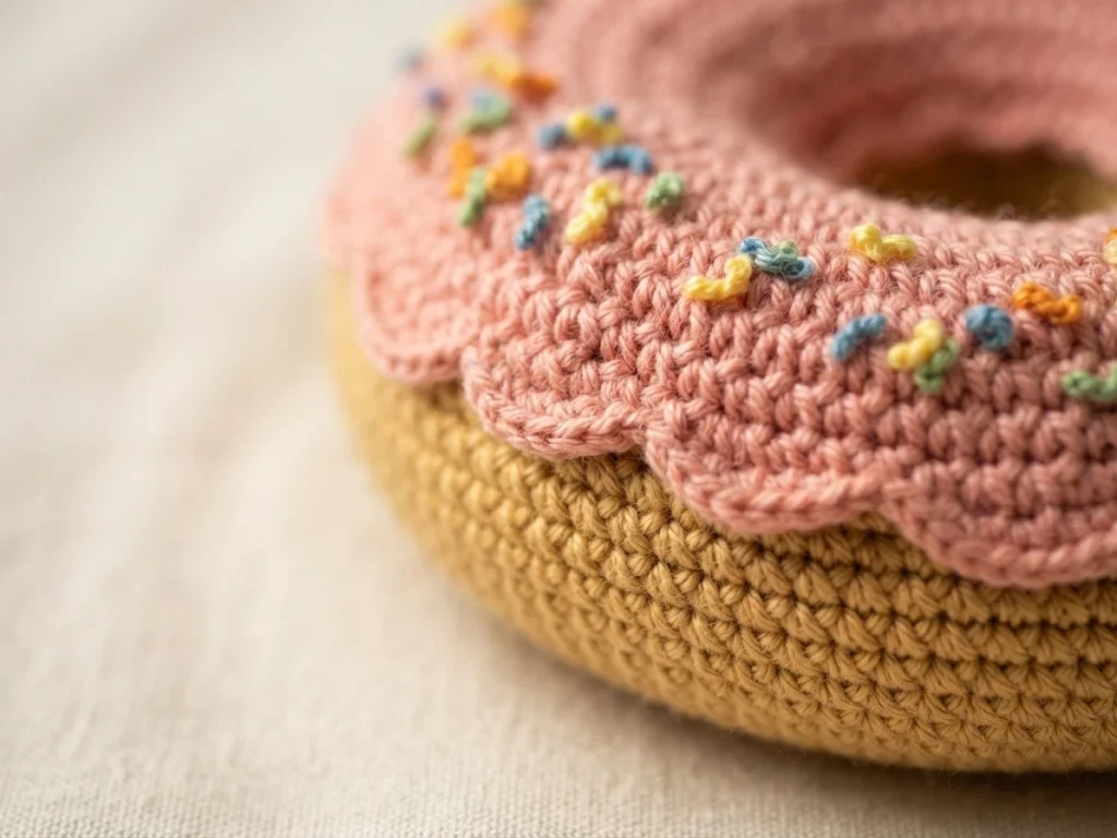 Close-up of a crocheted donut with scalloped pink icing, colorful rounded sprinkles and a golden brown base