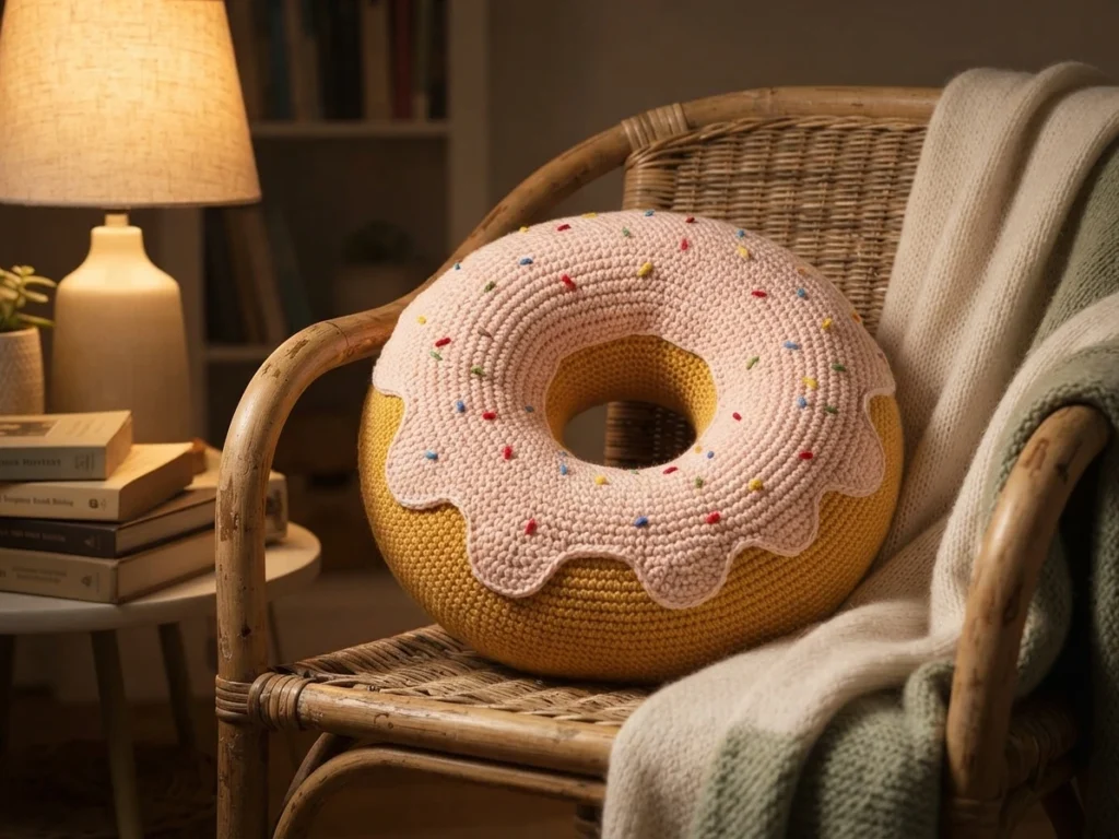 Crochet donut cushion with pink frosting and small colorful sprinkles resting on a wicker chair beside a blanket