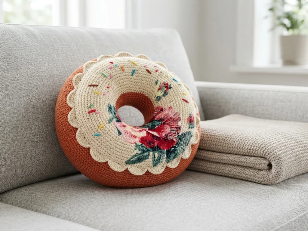 Crocheted donut cushion with a terracotta base and scalloped cream icing decorated with pink roses and tiny sprinkles, sitting on a grey sofa