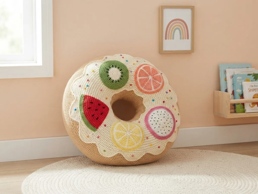 Crochet donut cushion with cream scalloped icing topped with colorful crocheted fruit slices in a child's room