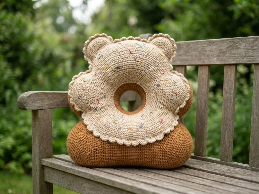 Finished crochet donut cushion shaped like a bear head with cream icing, pastel sprinkles and a caramel brown base, resting on an outdoor wooden bench.
